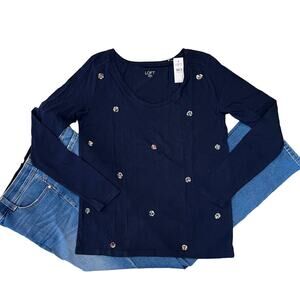 NWT LOFT Navy W/Multicolored Sequin Clusters Long Sleeve V-Neck T-Shirt -SIZE XS